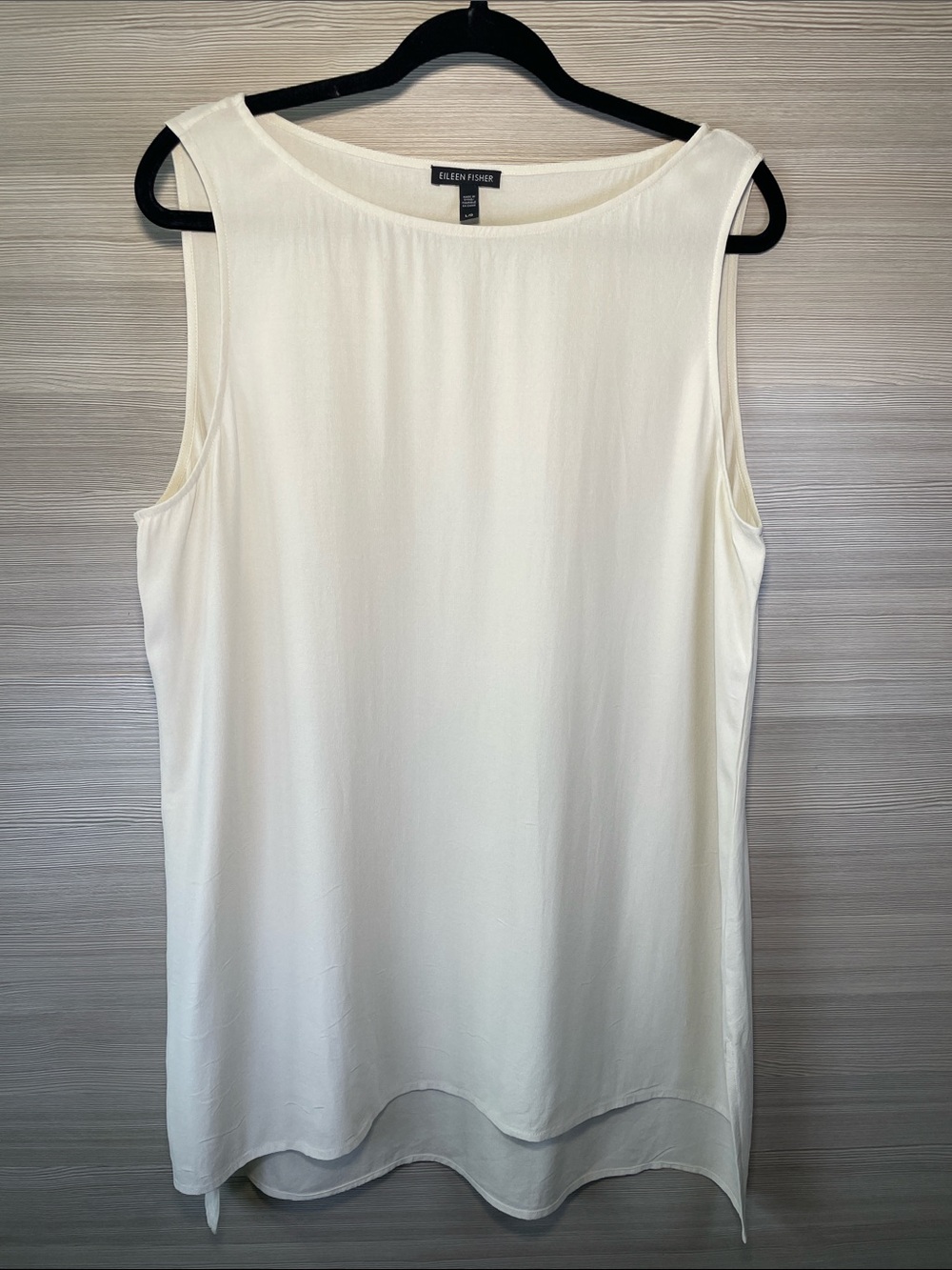 Eileen Fisher Silk Ivory Georgette Crepe Bateau Neck Tank Large